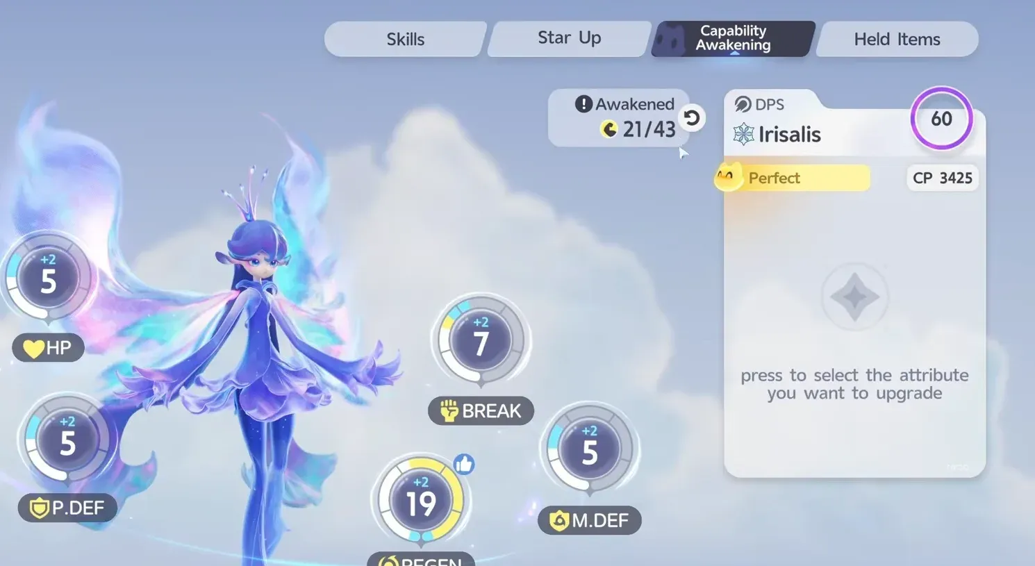 Irisalis Capability Awakening in Aniimo with a 43-point limit, 21/43 used, REGEN at 19 and a +2 star bonus on every stat