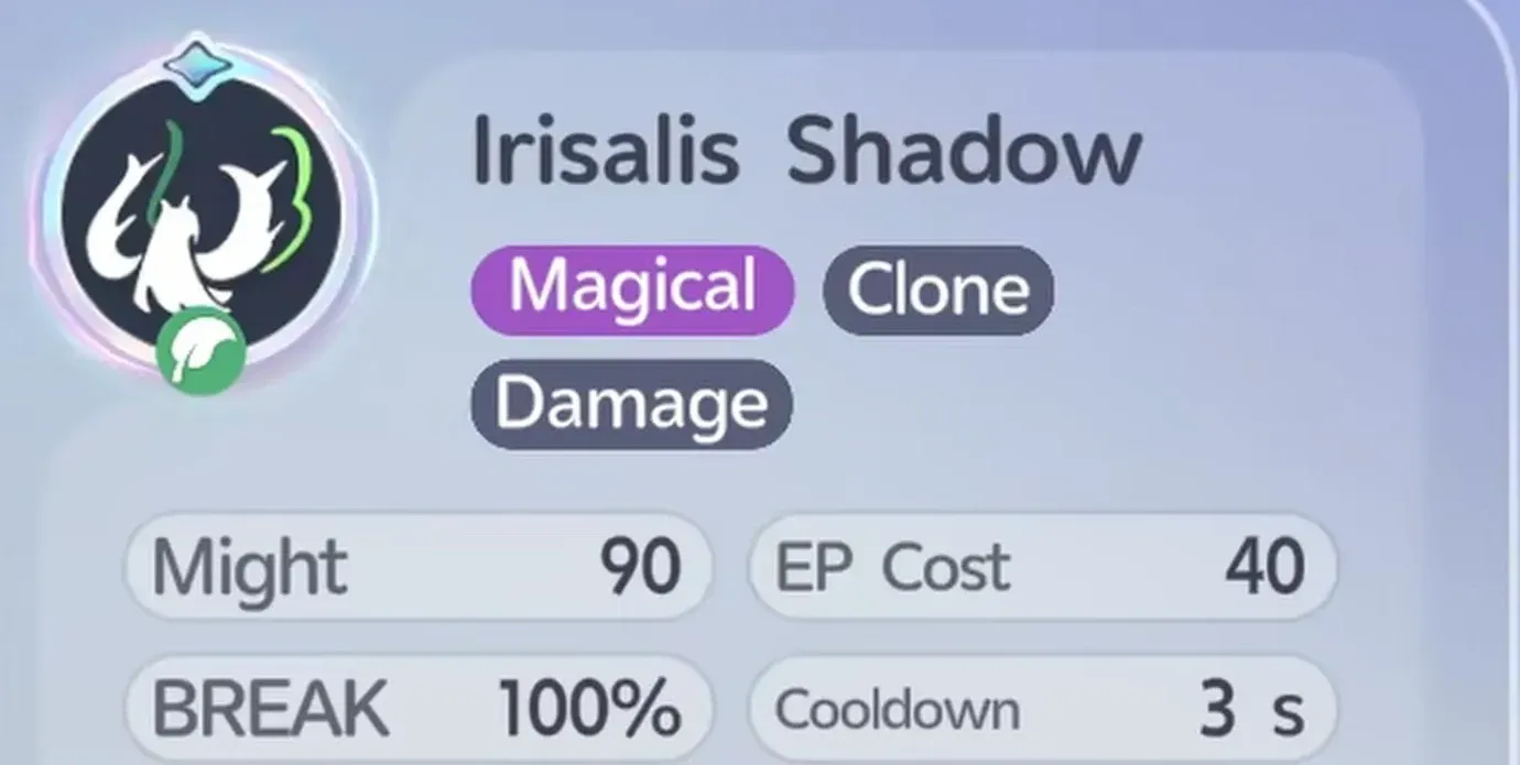 Irisalis Shadow skill card in Aniimo tagged Magical, Clone and Damage, with Might 90, EP Cost 40 and a 3 s cooldown