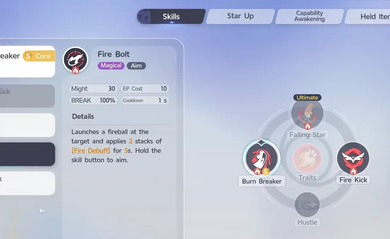 Scorchhowl Fire Bolt skill in Aniimo, the one Magical skill in a physical kit, Might 30 and EP Cost 10