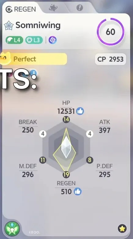 Somniwing stat panel in Aniimo with REGEN 510 at Potential 19 and ATK left at 4, a Regen Aniimo whose skills scale on REGEN