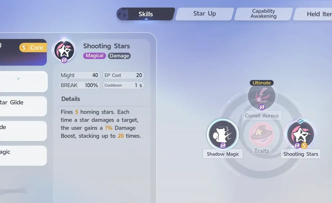 Stellarys Shooting Stars skill in Aniimo tagged Magical, firing 5 homing stars for a 1% Damage Boost that stacks up to 20 times