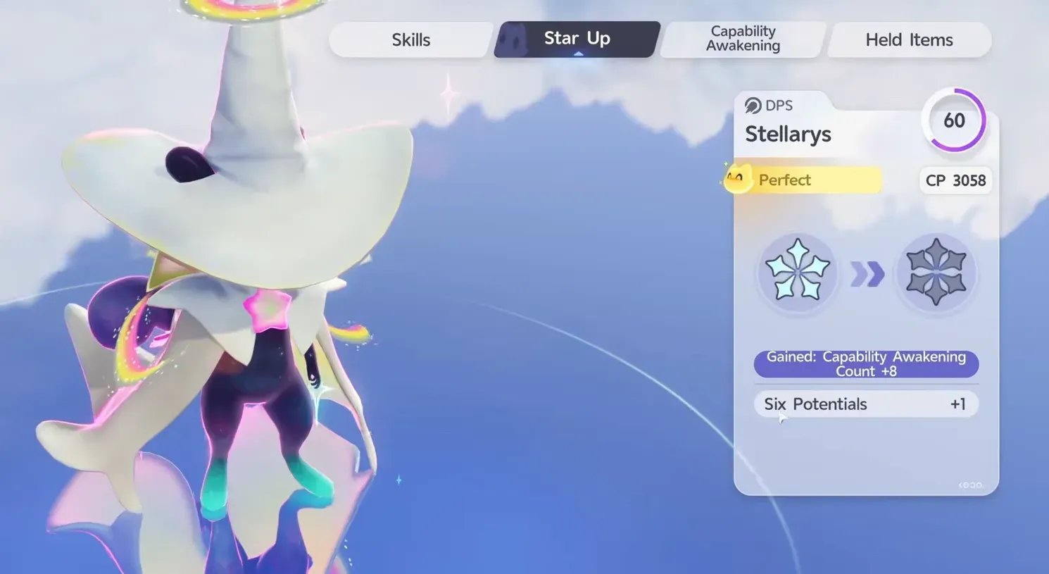 Stellarys Star Up panel in Aniimo, a level 60 Perfect DPS at CP 3058, granting Capability Awakening Count +8 and Six Potentials +1