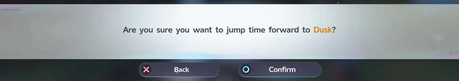 An Aniimo confirmation bar reading Are you sure you want to jump time forward to Dusk, with Back and Confirm buttons underneath