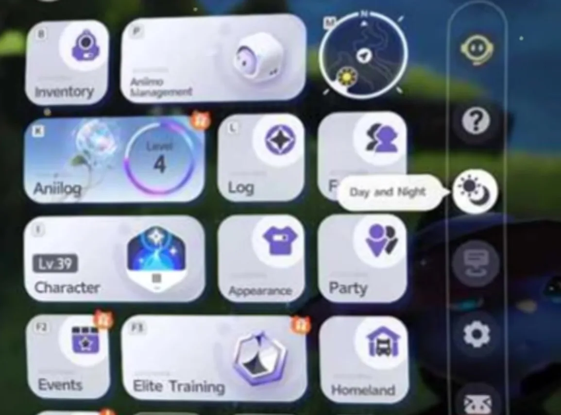 Close-up of the right-hand icon strip in the Aniimo menu, with a tooltip reading Day and Night beside a round white button showing a sun behind a crescent moon