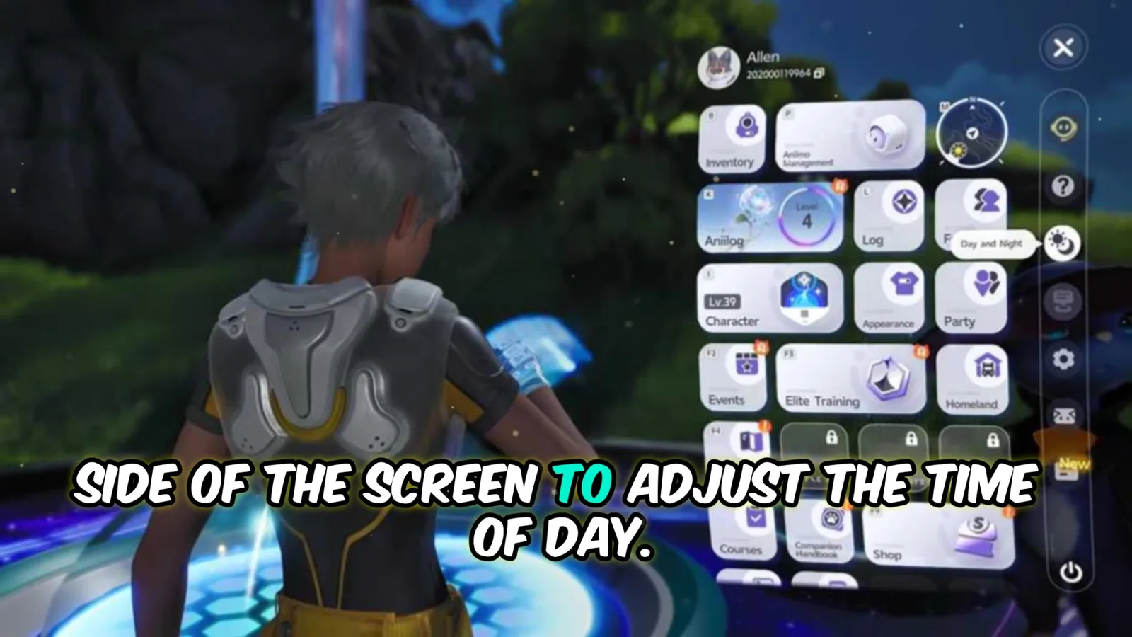 The Aniimo game menu open at night showing Inventory, Aniimo Management, Aniilog, Log, Character, Appearance, Party, Events, Elite Training and Homeland tiles, with a vertical strip of round icons down the right edge