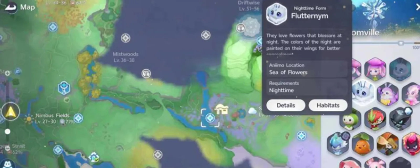 The Aniimo world map around Nimbus Fields and Mistwoods with a Bloom selected, a column of hexagonal Aniimo tiles on the right and the Nighttime Form Flutternym card open