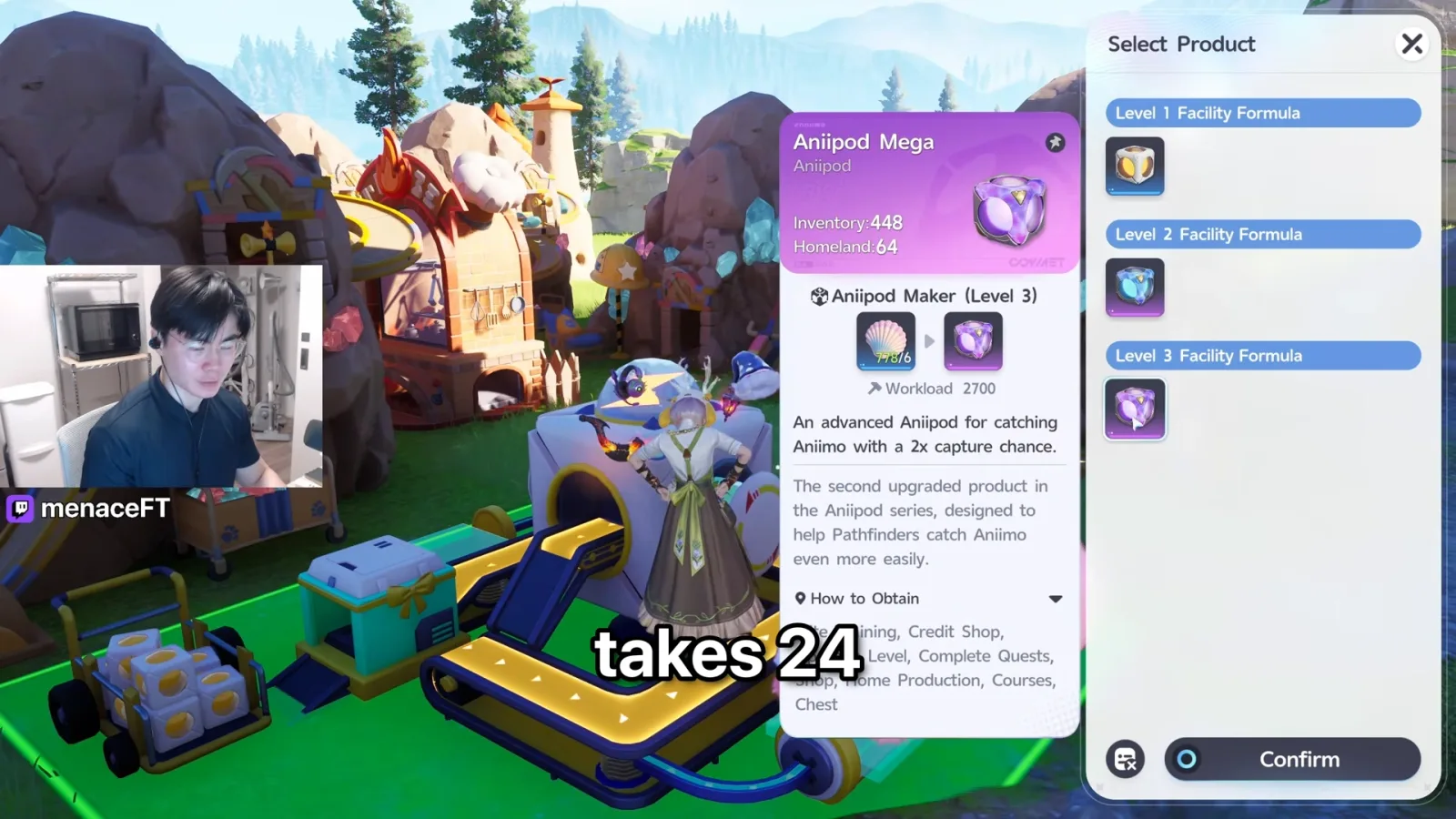 Aniimo Aniipod Maker Level 3 formula: 6 shells into an Aniipod Mega, workload 2700, 2x capture chance, inventory 448