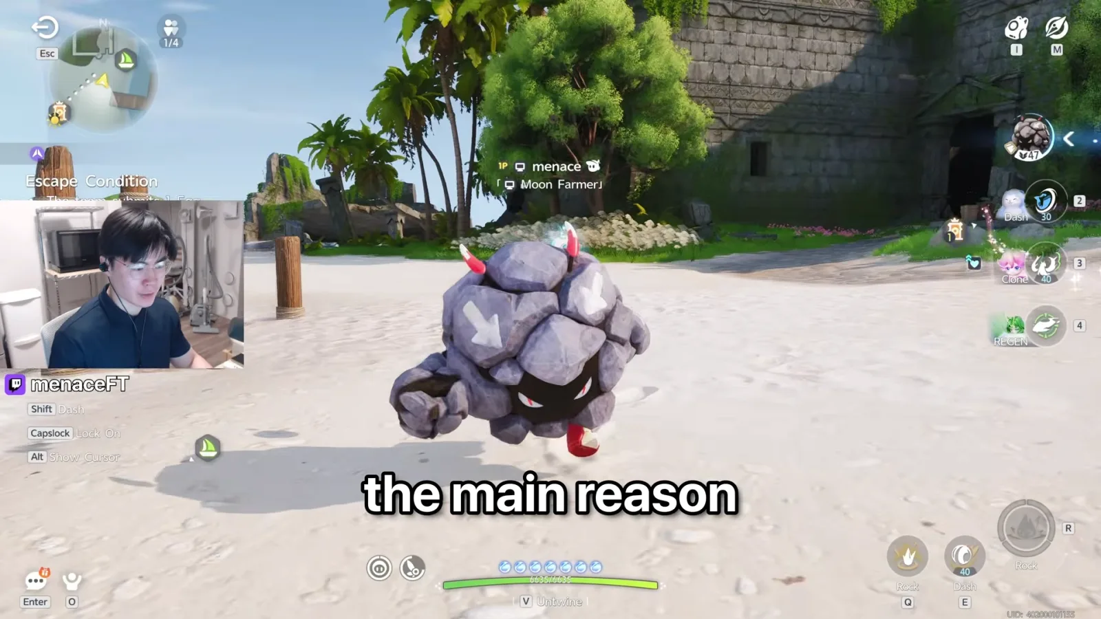 Aniimo Bouldus Lv.47 on an Egg Heist beach, its Rock and Dash skills on the bar, with the other three squad slots on the right