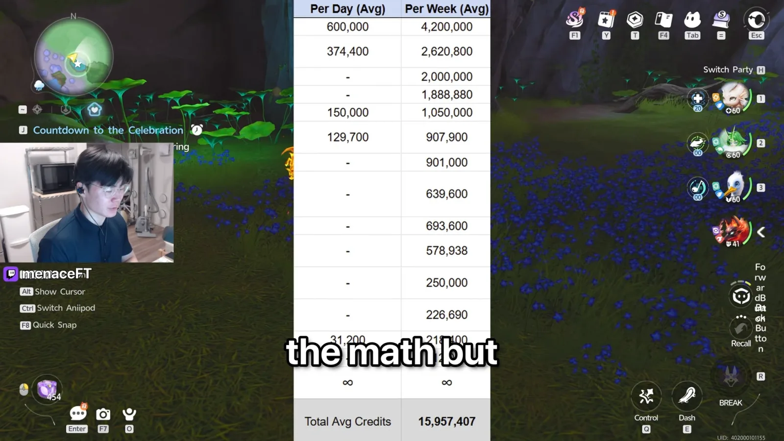 Aniimo weekly Credits spreadsheet from menaceFT, per day and per week averages from 4,200,000 down, totalling 15,957,407
