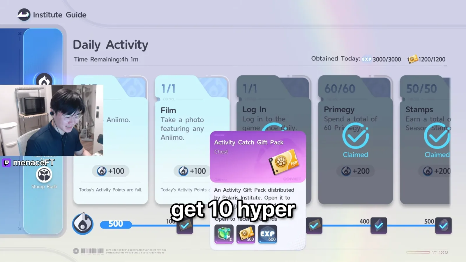 Aniimo Institute Guide Daily Activity with the Activity Catch Gift Pack open: 10 Aniipod Hyper, a stack of 500 tickets and 600 EXP