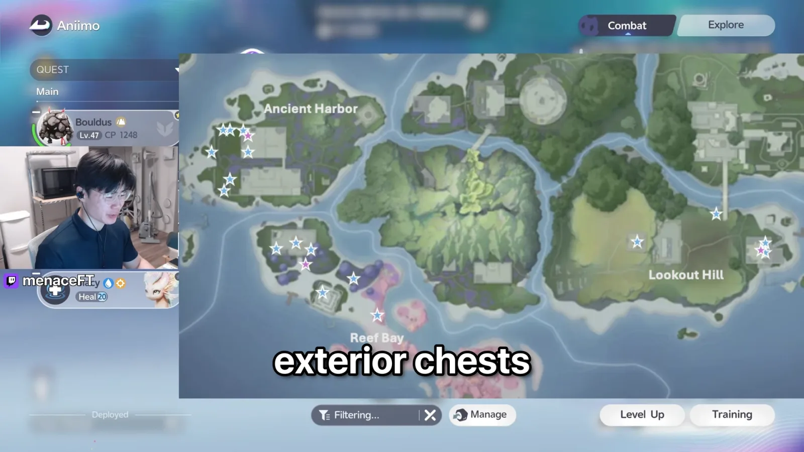 Aniimo Egg Heist island map with stars on the easiest exterior chests at Ancient Harbor, Reef Bay and Lookout Hill
