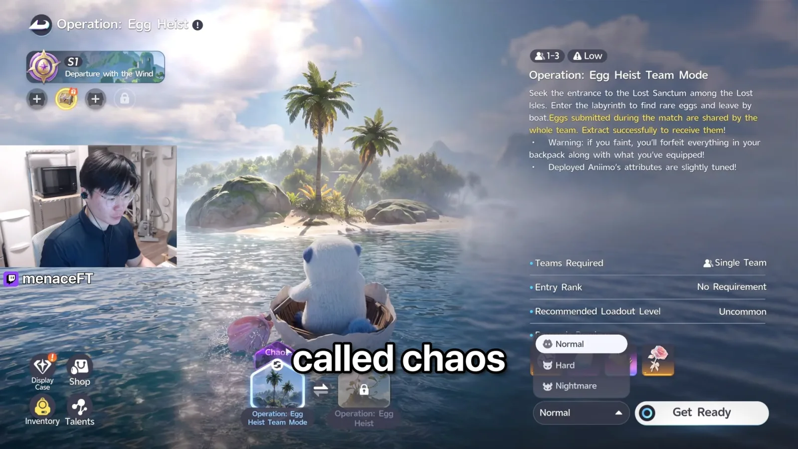 Aniimo Operation: Egg Heist Team Mode on Normal, 1 to 3 players, Low danger, no entry rank, Uncommon recommended loadout