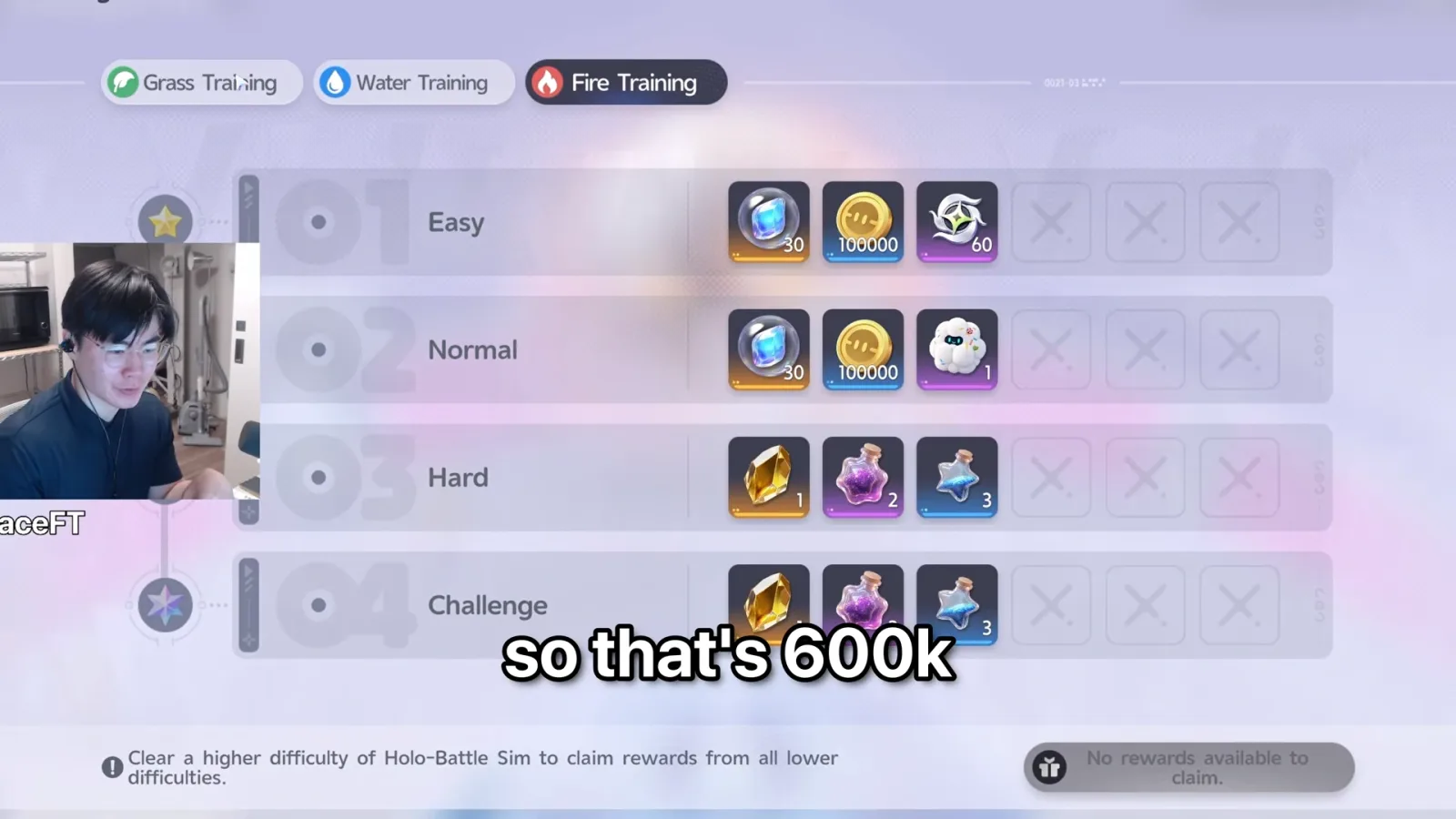 Aniimo Holo-Battle Sim Fire Training rewards: Easy and Normal each give 100000 Credits and 30 crystals, Normal adds a Tumbler