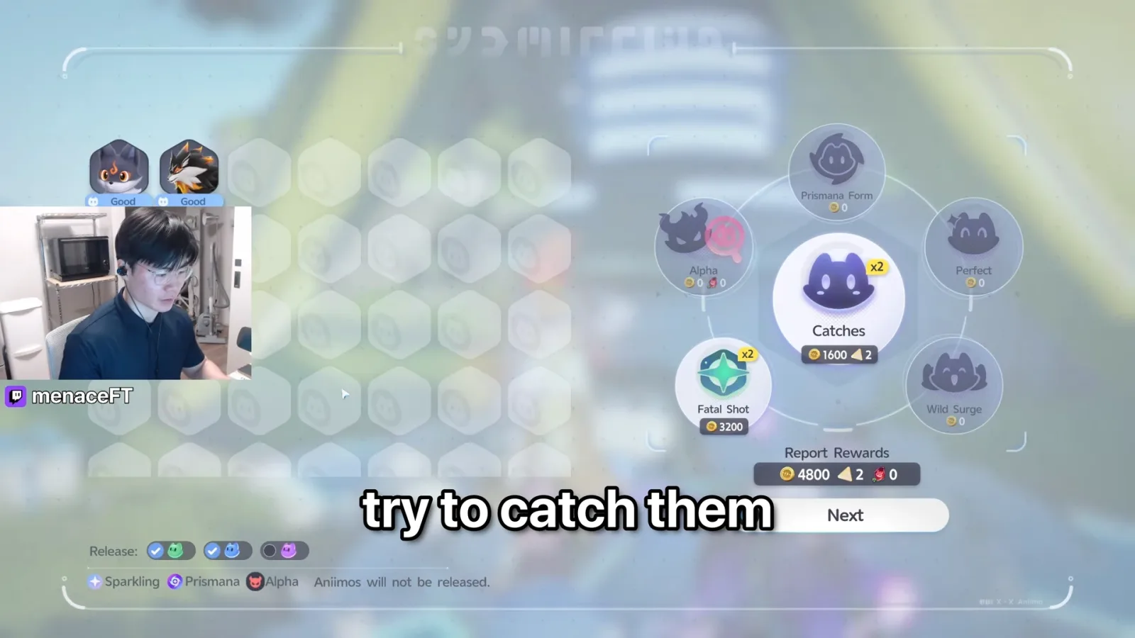 Aniimo Report Rewards for two catches: Catches 1600, Fatal Shot x2 3200, total 4800, Alpha, Perfect and Wild Surge at 0