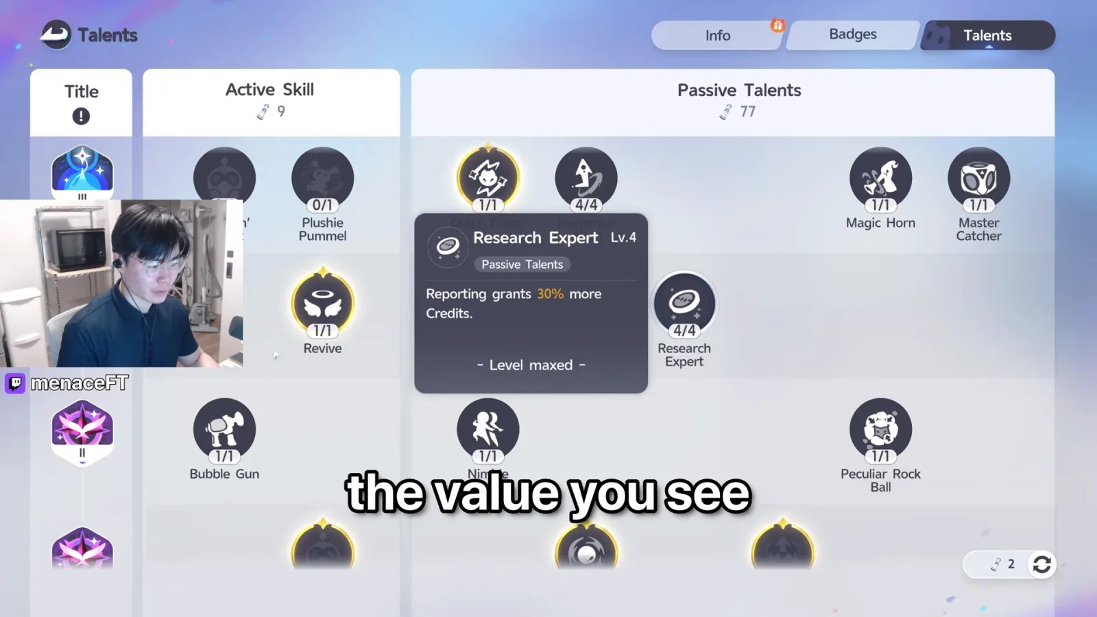 Aniimo Talents screen, Research Expert Lv.4 tooltip: Reporting grants 30% more Credits, level maxed, 4 of 4 points