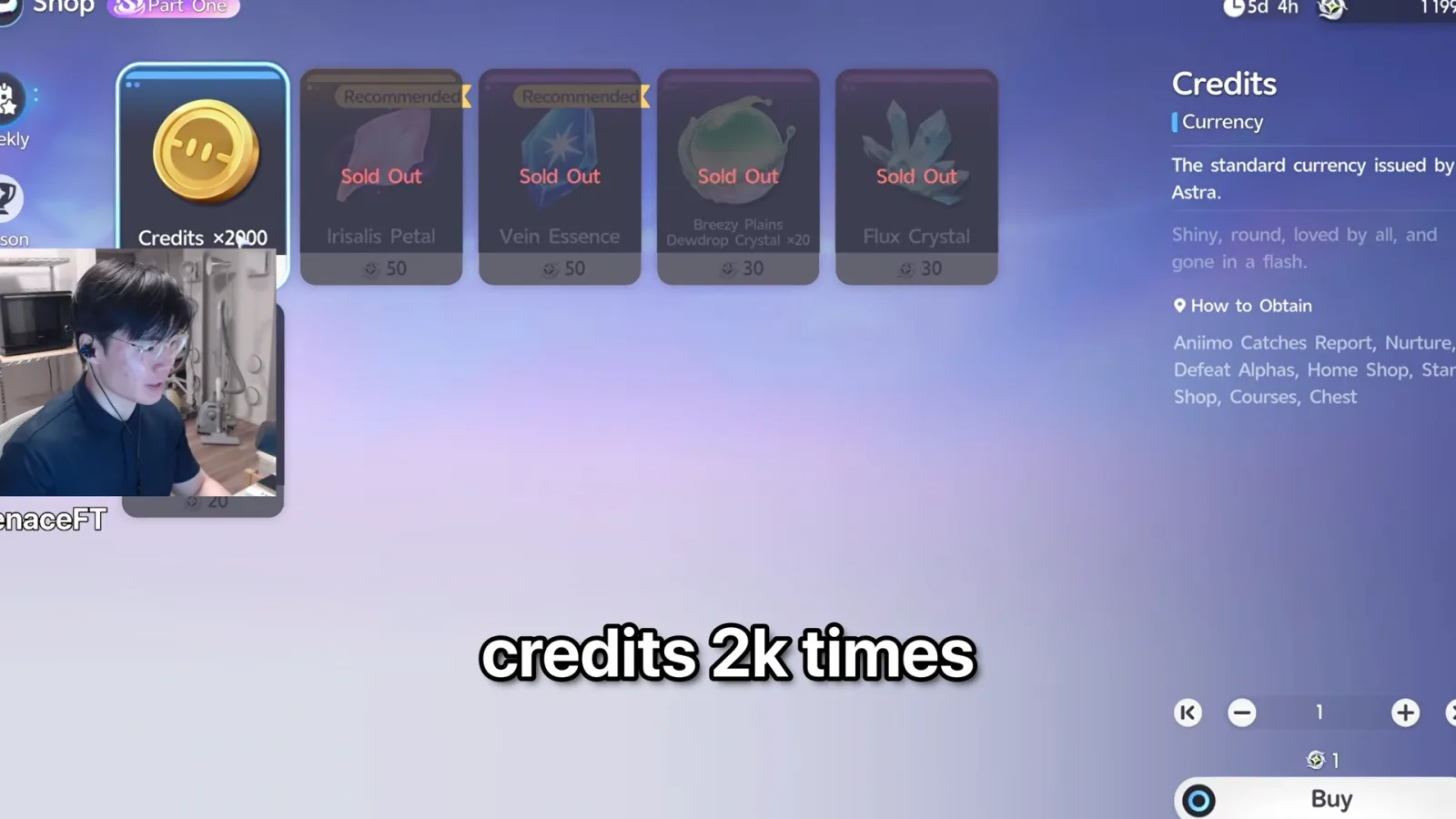 Aniimo Stamp Shop Part One Weekly tab: Credits x2000 for 1 stamp, Irisalis Petal and Vein Essence at 50 sold out