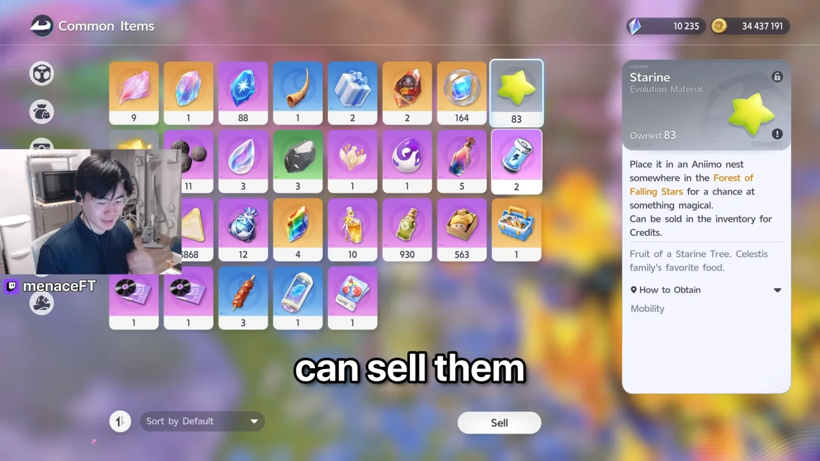 Aniimo Starine item card in Common Items, Evolution Material, owned 83: place it in a Forest of Falling Stars nest or sell it for Credits
