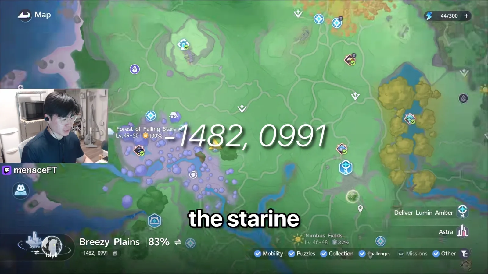 Aniimo Breezy Plains map with the Forest of Falling Stars panel, Lv.49 to 50, and the Starine tree at coordinates -1482, 0991