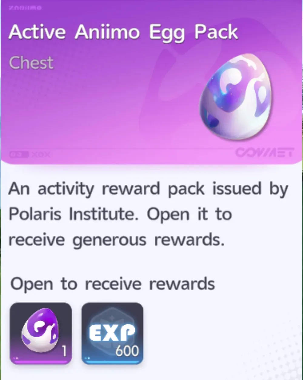 The Active Aniimo Egg Pack item card in Aniimo, a chest issued by Polaris Institute holding one egg and 600 EXP, described as an activity reward pack