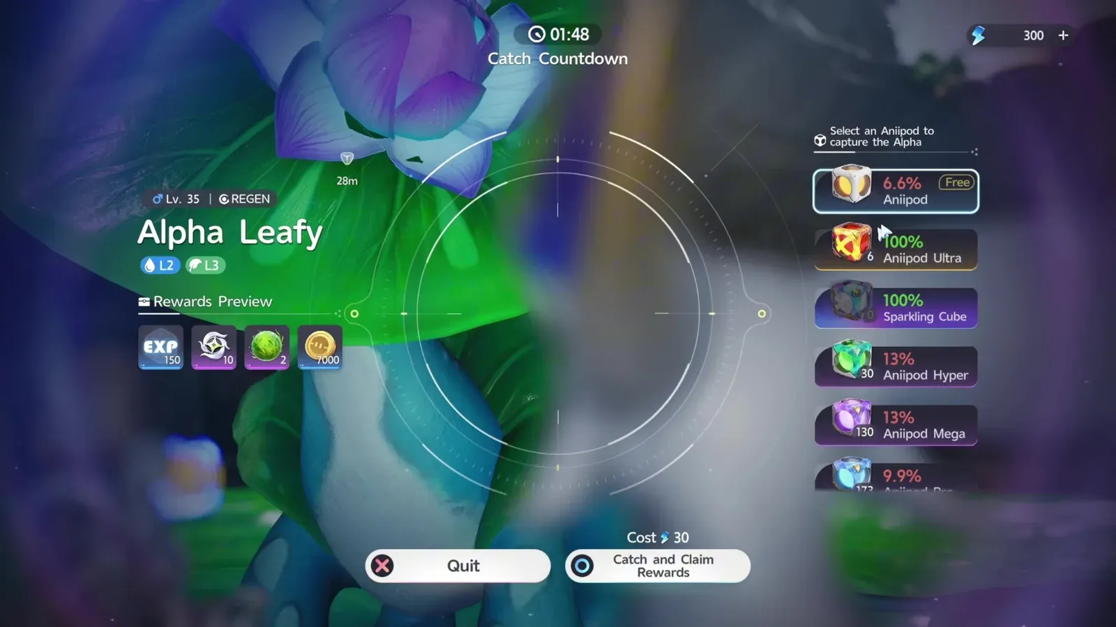 The Alpha Leafy capture screen in Aniimo at Lv.35, its Rewards Preview showing 150 EXP and 7000 Credits for a cost of 30 Primegy, beside the Aniipod capture chances