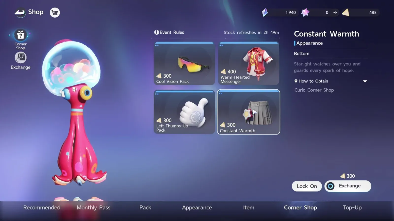 All four Corner Shop slots open in Aniimo, showing Cool Vision Pack, Warm-Hearted Messenger, Left Thumbs-Up Pack and Constant Warmth with Lock On and Exchange buttons