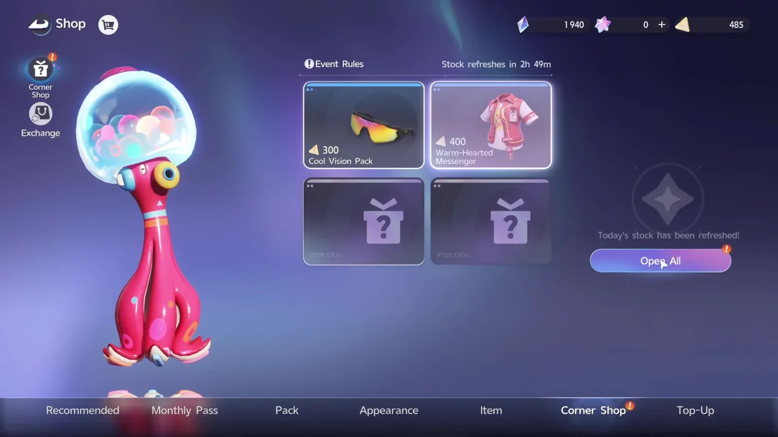 The Corner Shop tab of Aniimo’s Shop with two of four slots revealed, Cool Vision Pack at 300 and Warm-Hearted Messenger at 400, above an Open All button