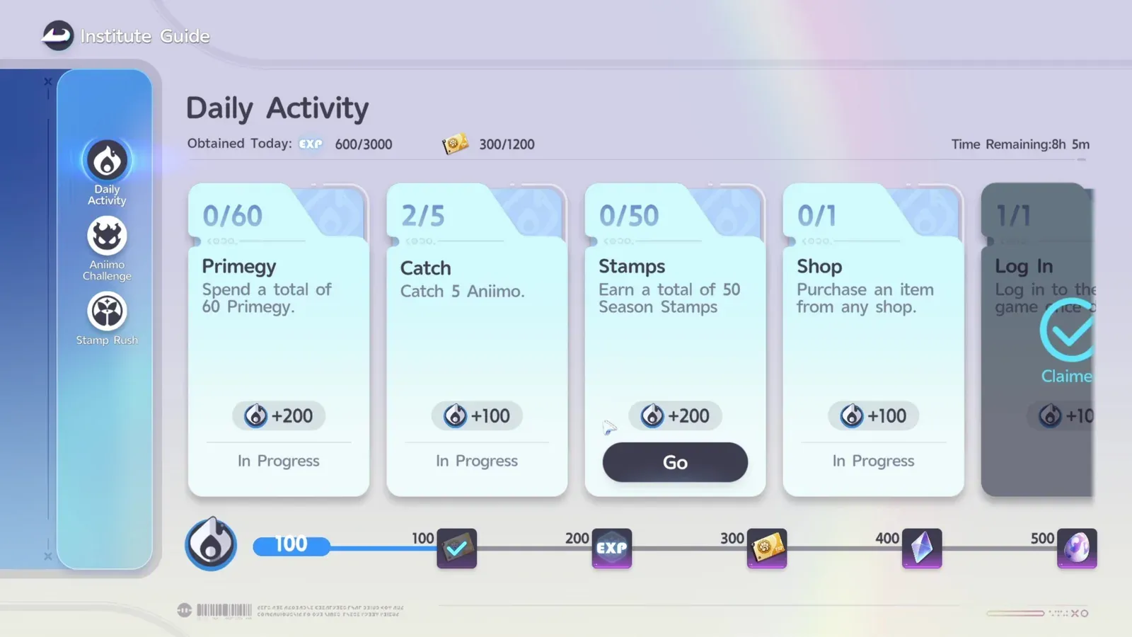 Aniimo’s Daily Activity header after one claim, reading Obtained Today 600 of 3000 EXP and 300 of 1200 Credits, with the 100 point rung of the reward track ticked off