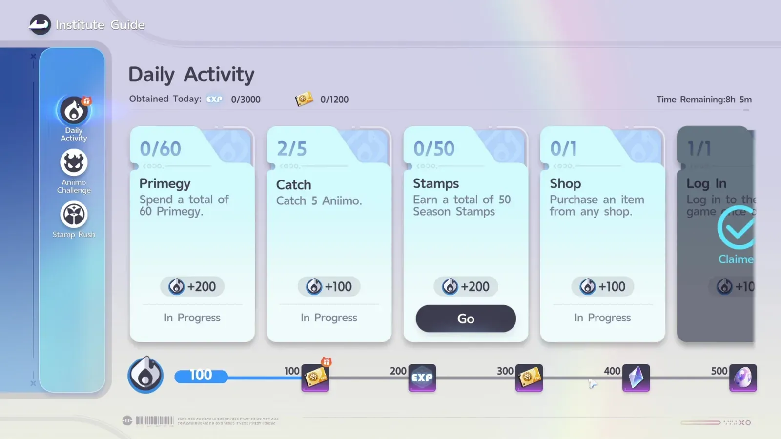 Aniimo’s Daily Activity tab in the Institute Guide with five cards, Primegy and Stamps at plus 200 and Catch, Shop and Log In at plus 100, over a reward track marked 100 to 500