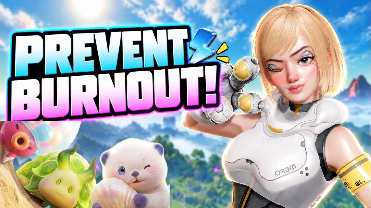 ComfyQuesting’s Aniimo daily checklist video thumbnail, headed Prevent Burnout, with a Pathfinder in white armour beside a Leafy and a white Aniimo