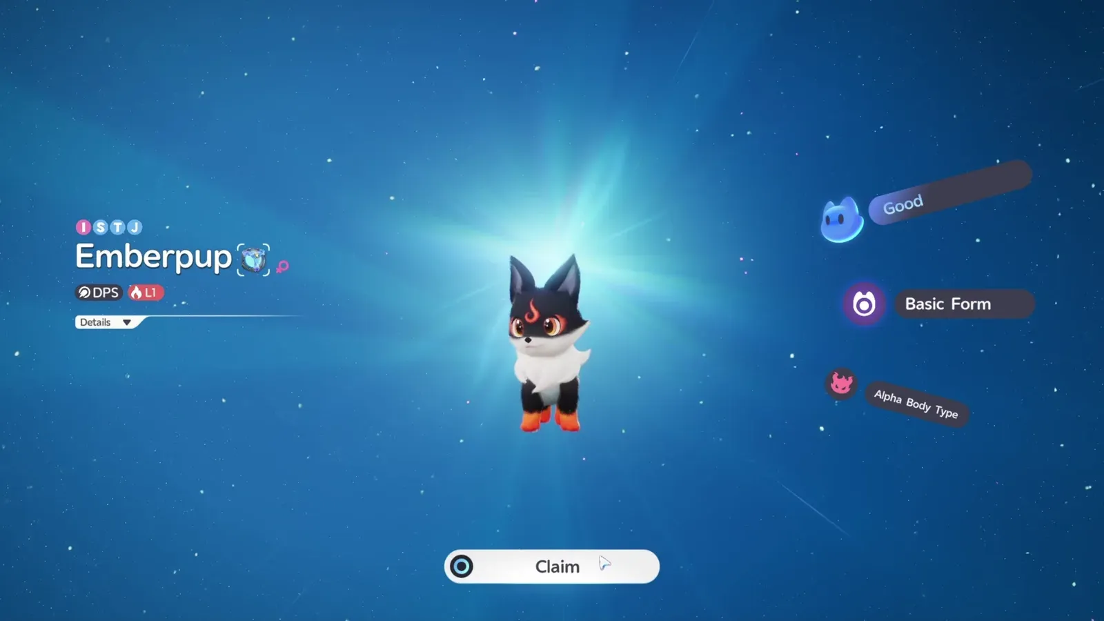 An Emberpup hatching in Aniimo at L1, tagged DPS and ISTJ, with Good potential, Basic Form and Alpha Body Type listed beside it above a Claim button