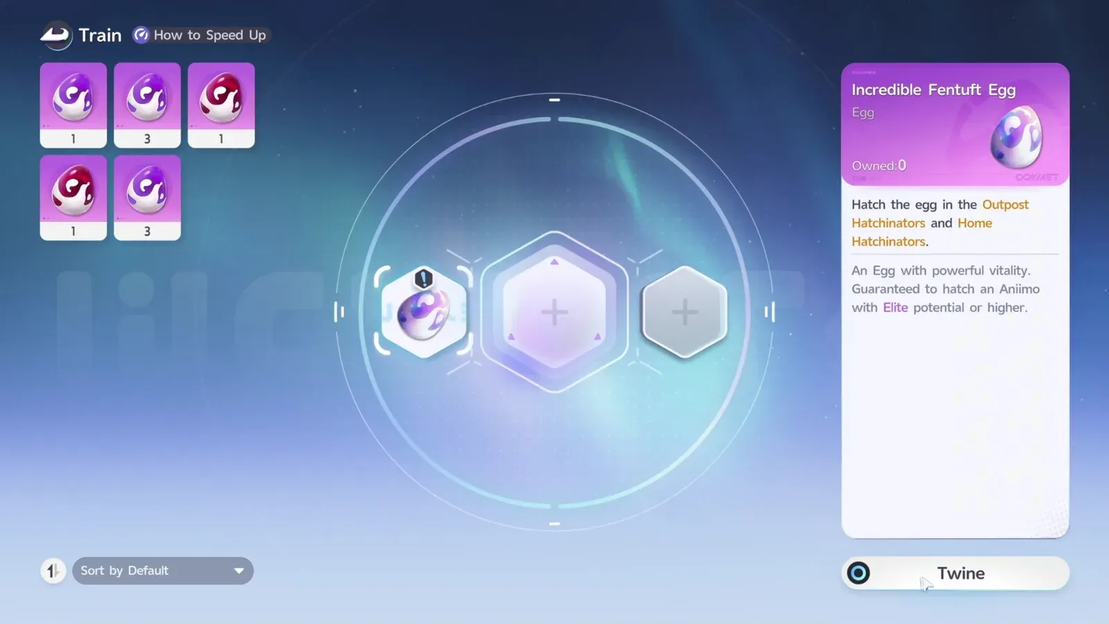 Aniimo’s Hatchinator screen with one egg twined and two empty slots, beside an Incredible Fentuft Egg card promising an Aniimo with Elite potential or higher