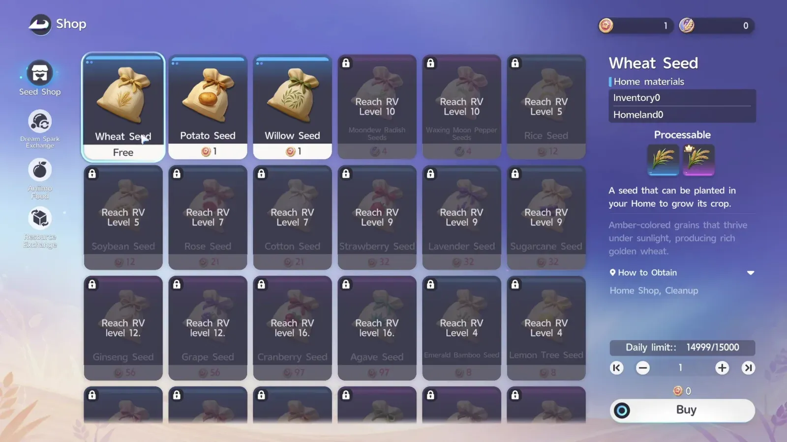 The Seed Shop tab of Aniimo’s Home Shop with Wheat Seed free, Potato and Willow Seed at one coin, and the rest locked behind RV levels 4 to 16