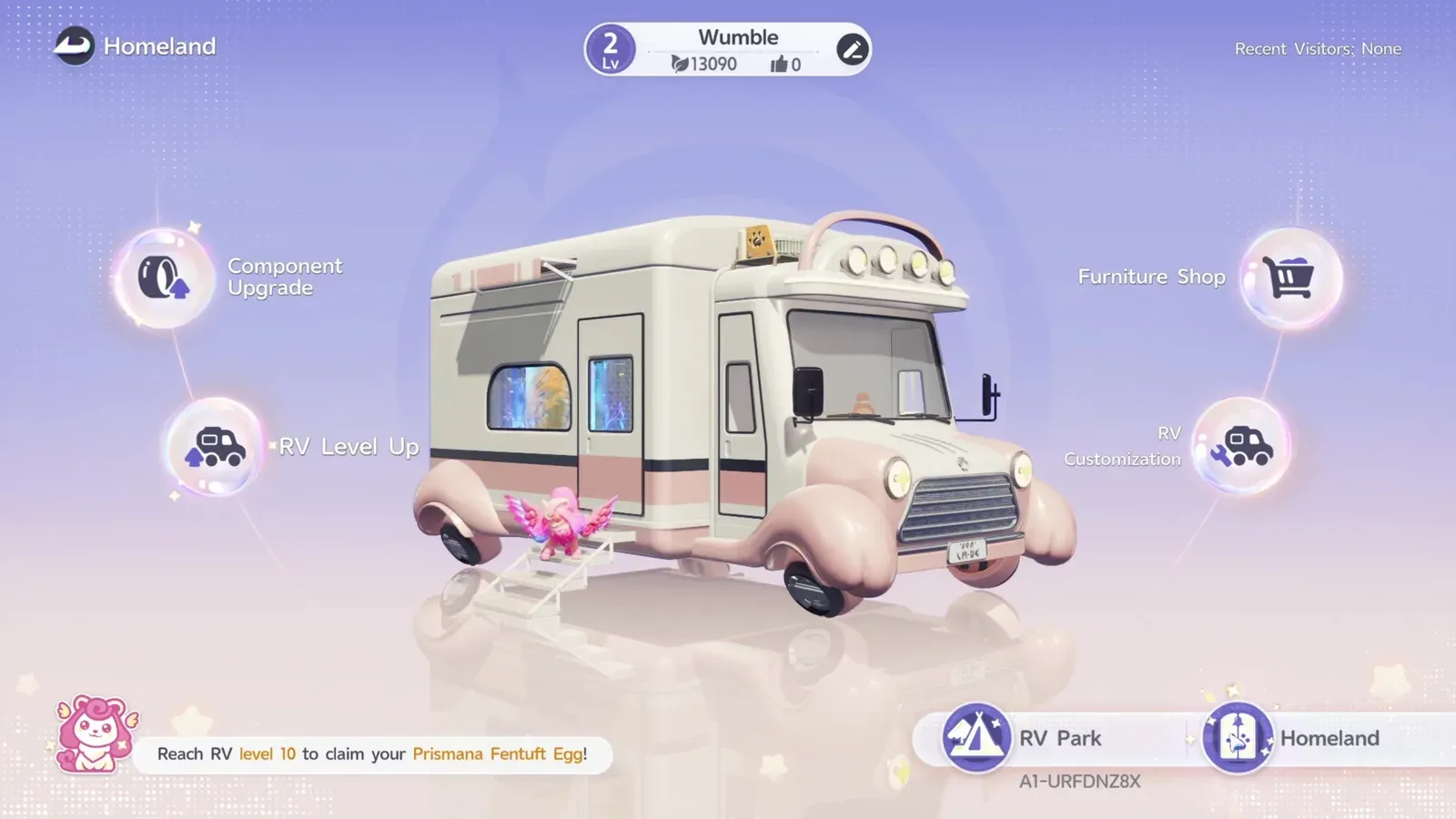 Aniimo’s Homeland screen showing the RV named Wumble at level 2, with Component Upgrade, RV Level Up, Furniture Shop and RV Customization arranged around it