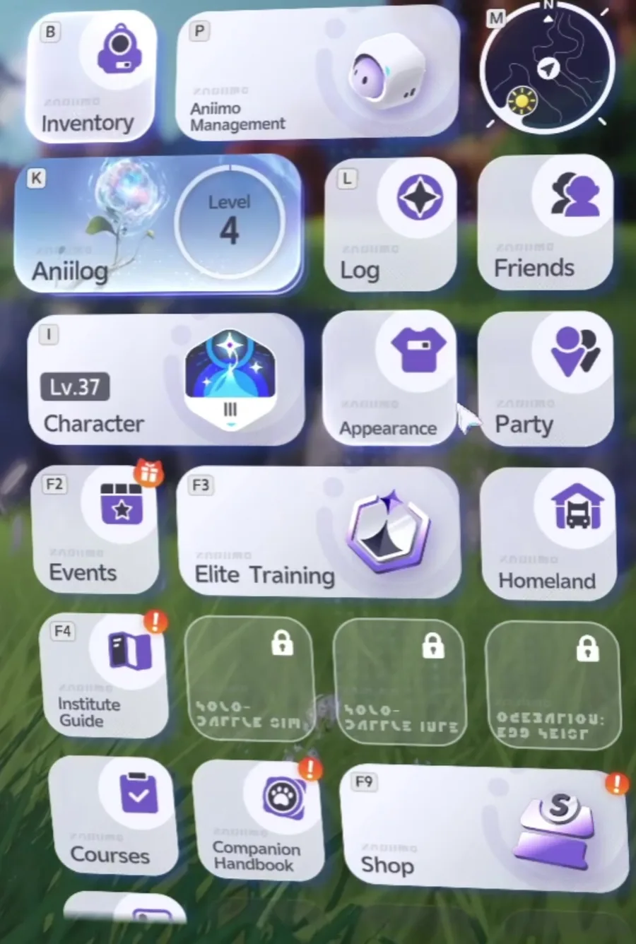 Aniimo’s main menu wheel with red notification dots on Events, Institute Guide, Companion Handbook and Shop, beside Aniilog Level 4, Character Lv.37, Elite Training and Homeland