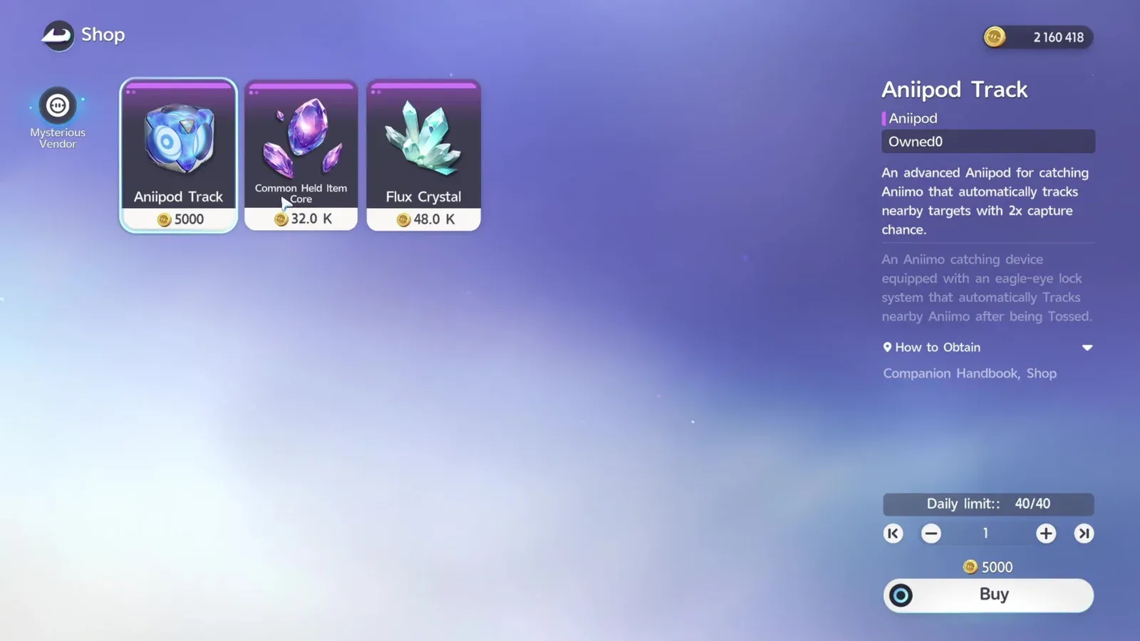 The Mysterious Vendor tab of Aniimo’s Shop offering Aniipod Track at 5000 Credits, Common Held Item Core at 32.0 K and Flux Crystal at 48.0 K, with a daily limit of 40