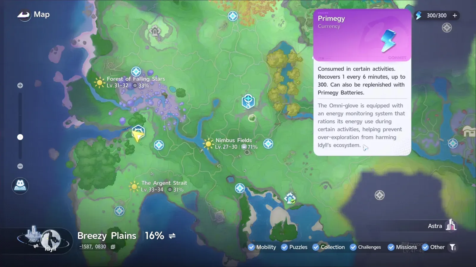 Aniimo’s Primegy currency tooltip on the world map reading Consumed in certain activities, Recovers 1 every 6 minutes up to 300, beside a counter reading 300 of 300