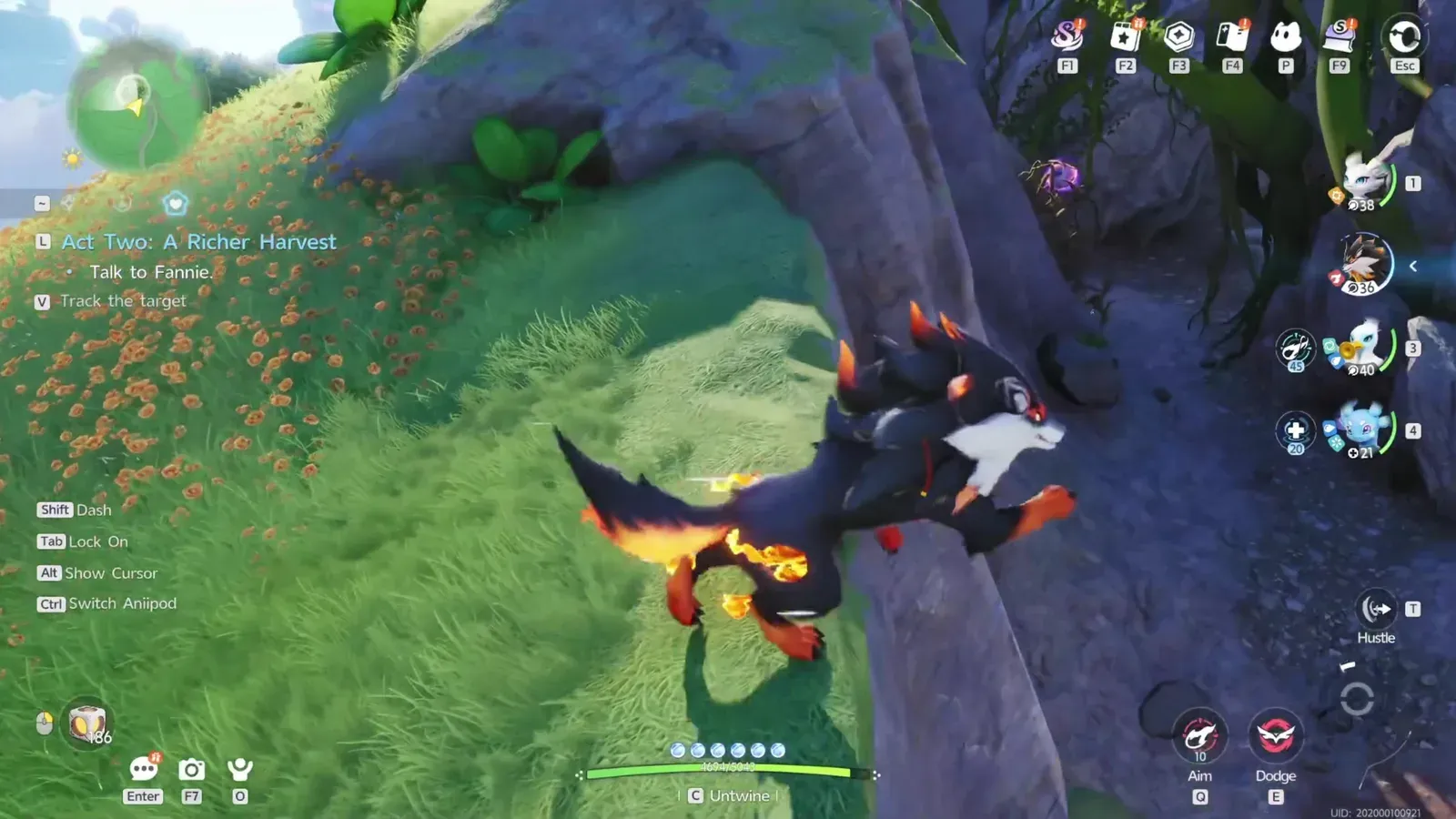 Riding a Fire Aniimo through a meadow in Aniimo with the Act Two: A Richer Harvest quest tracker on the left and the squad portraits on the right