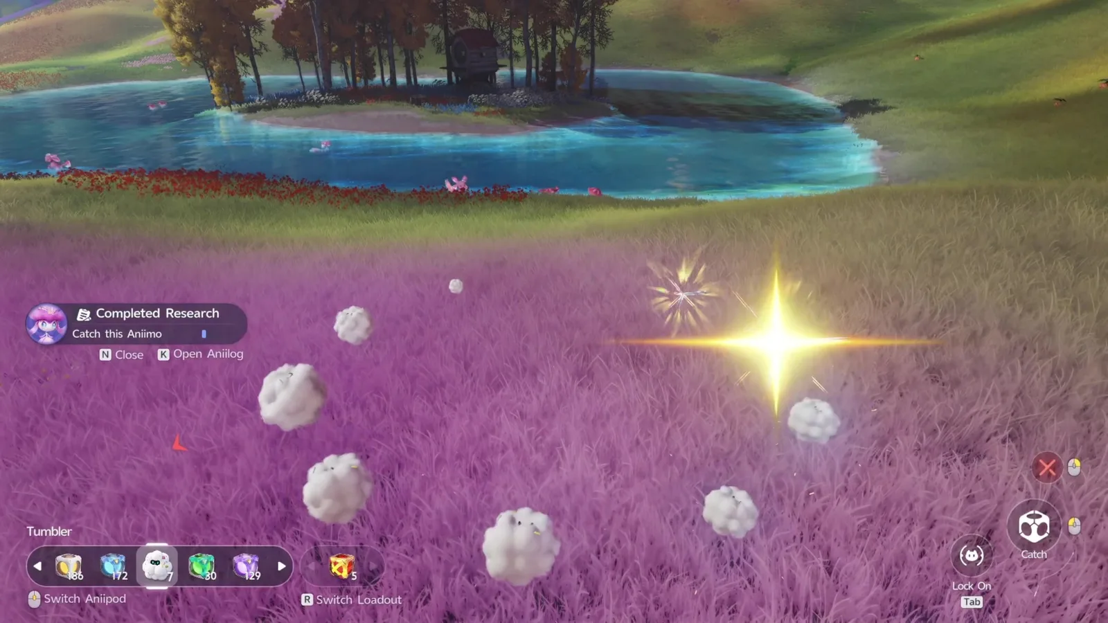 A chain capture in Aniimo with several Tumbler drifting over pink grass, a Completed Research toast reading Catch this Aniimo, and the Aniipod loadout along the bottom