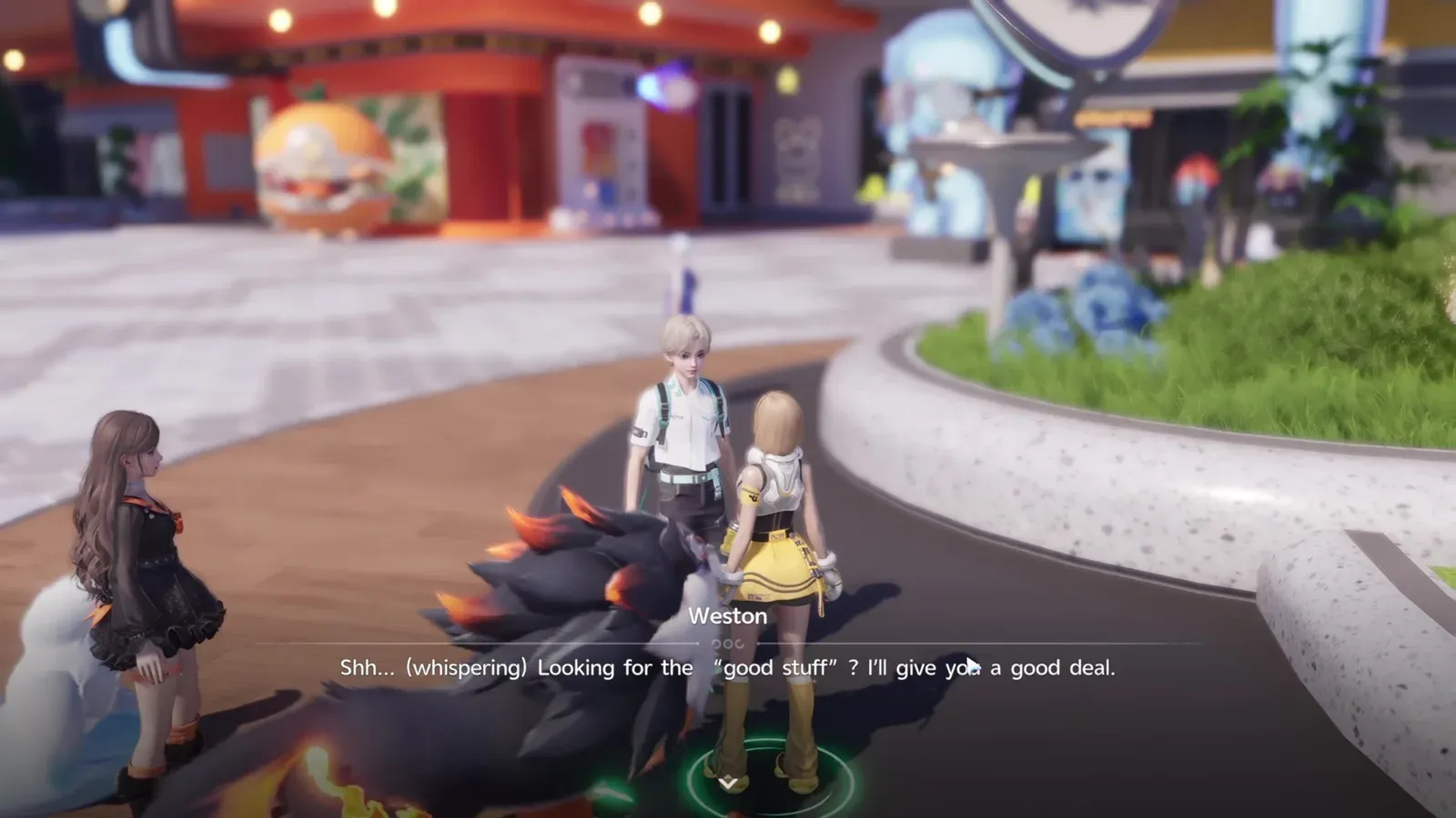Weston the vendor standing on an Astra plaza in Aniimo, whispering that he is looking for the good stuff and will give the player a good deal, with a Fire Aniimo alongside