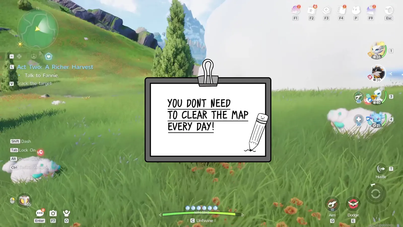 ComfyQuesting’s caption card in Aniimo reading You don’t need to clear the map every day, over a meadow with a Tumbler and the Act Two quest tracker on the left