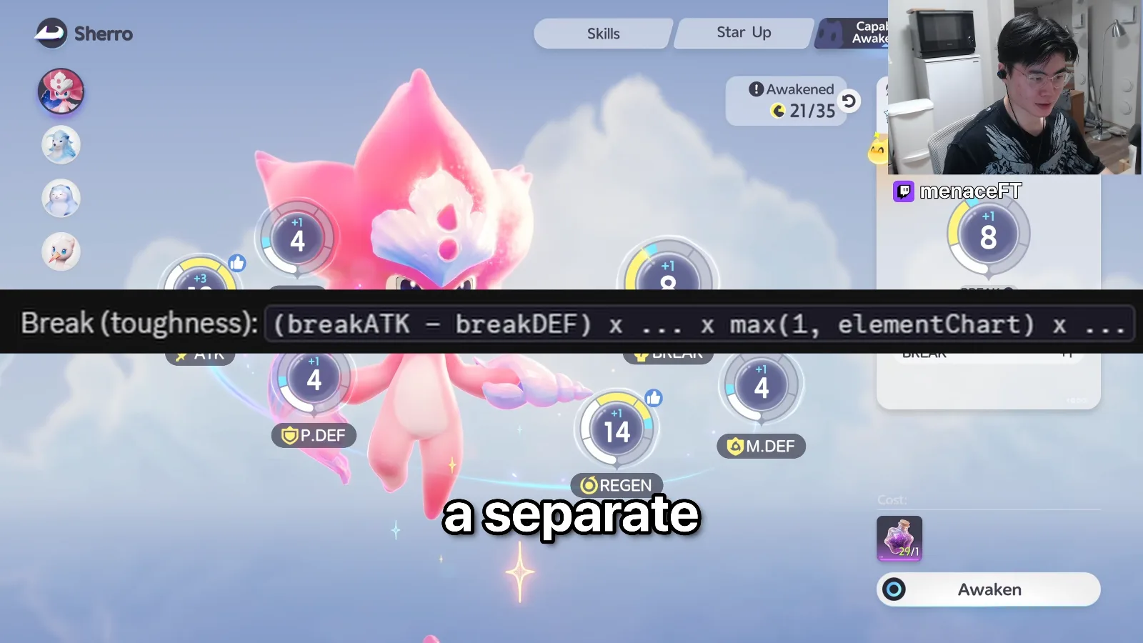 Aniimo BREAK toughness formula, (breakATK - breakDEF) x ... x max(1, elementChart), shown over Sherro’s Capability Awakening screen