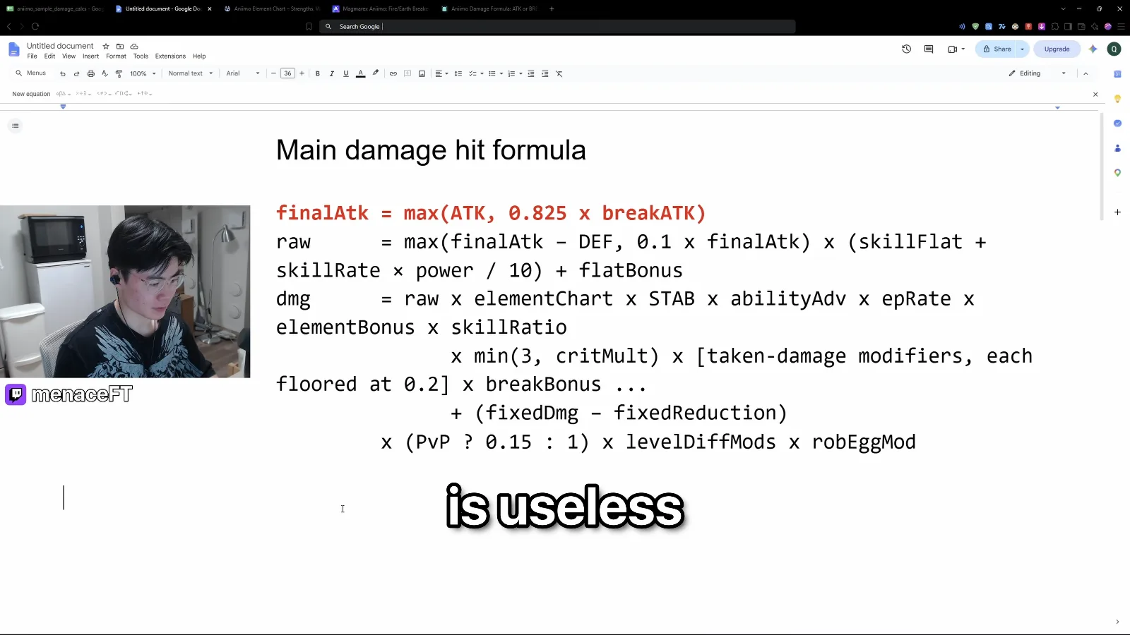 Aniimo main damage hit formula in menaceFT’s document, finalAtk = max(ATK, 0.825 x breakATK) in red above the raw and dmg lines with STAB and min(3, critMult)