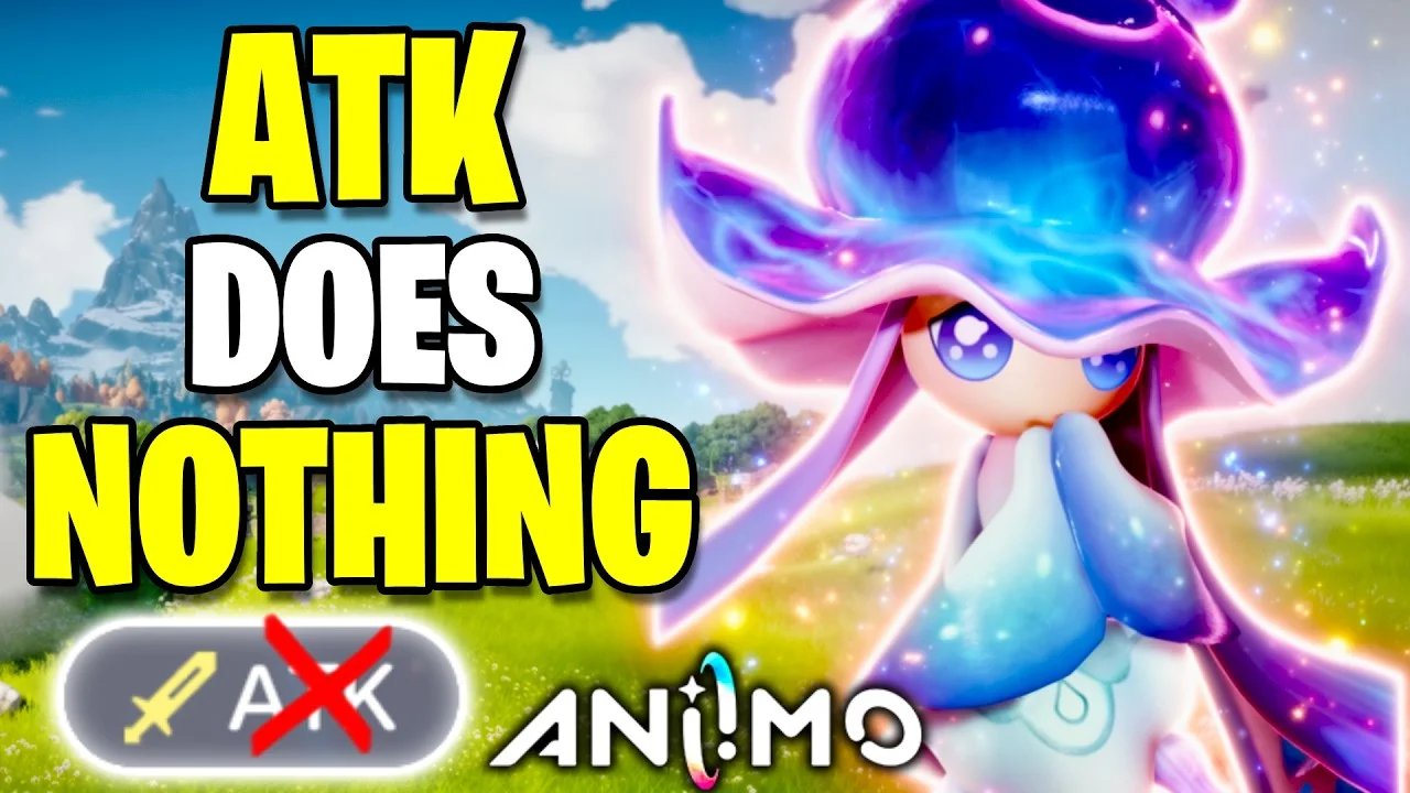 menaceFT’s Aniimo damage formula video card: ATK DOES NOTHING in yellow beside a witch-hatted Aniimo and a crossed-out ATK stat badge