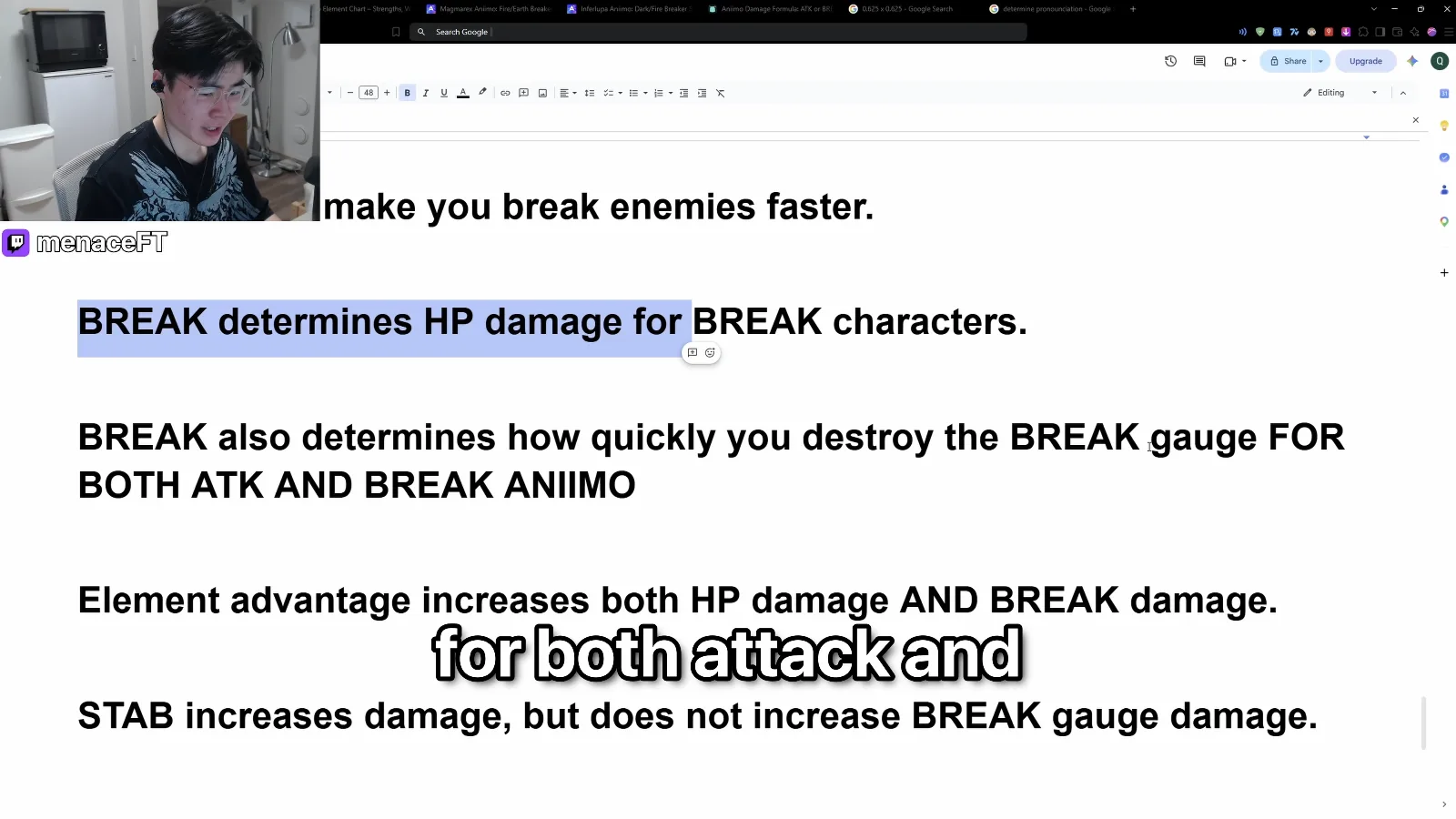 Aniimo damage summary card: BREAK determines HP damage for BREAK characters, BREAK destroys the gauge for both ATK and BREAK Aniimo, STAB does not raise BREAK gauge damage