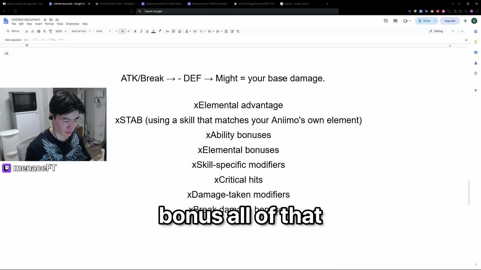 Aniimo damage multipliers list: ATK or Break minus DEF plus Might is base damage, then x Elemental advantage, x STAB, x Ability bonuses, x Critical hits and more