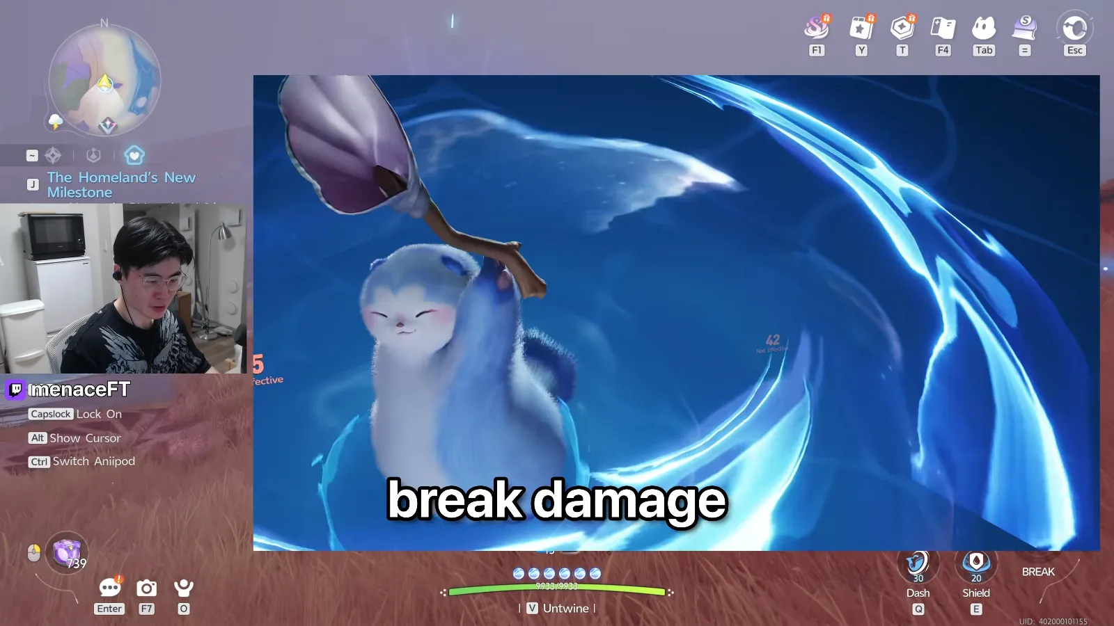 Aniimo combat during menaceFT’s element explanation, a blue furry Aniimo inside a water swirl with a small 42 Not Effective damage number