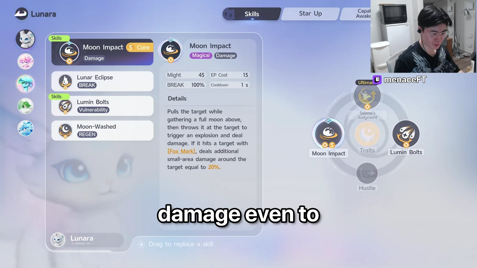 Aniimo Lunara skills screen: Moon Impact Core, Lunar Eclipse tagged BREAK, Lumin Bolts tagged Vulnerability and Moon-Washed tagged REGEN, Moon Impact at Might 45