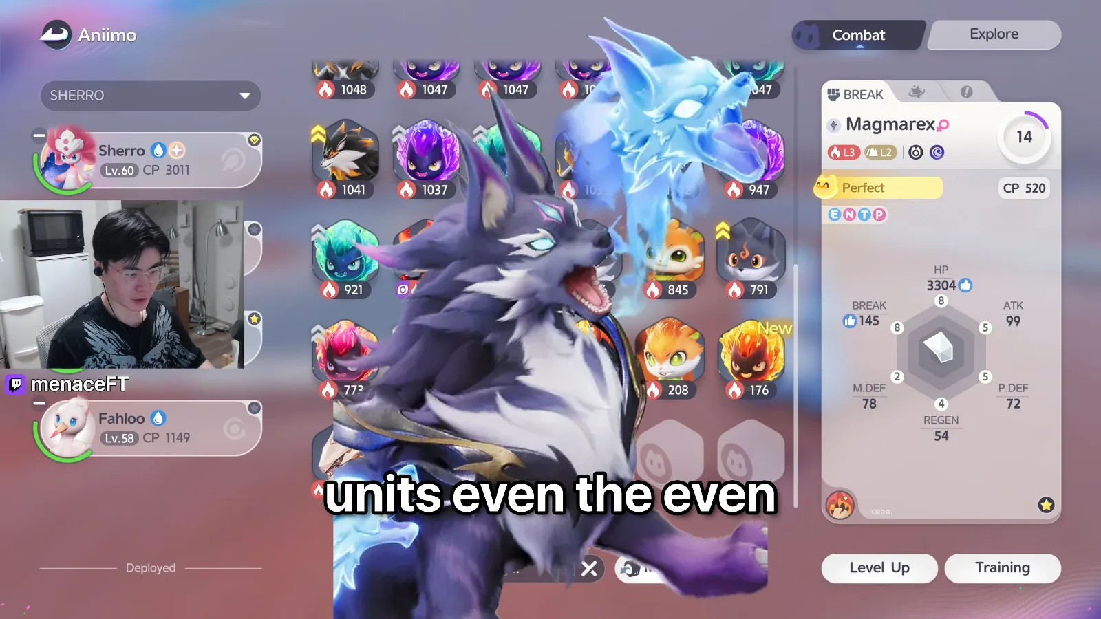 Aniimo roster with Magmarex selected, Break role, level 14, CP 520, stat hexagon reading HP 3304, BREAK 145, ATK 99, REGEN 54, M.DEF 78 and P.DEF 72