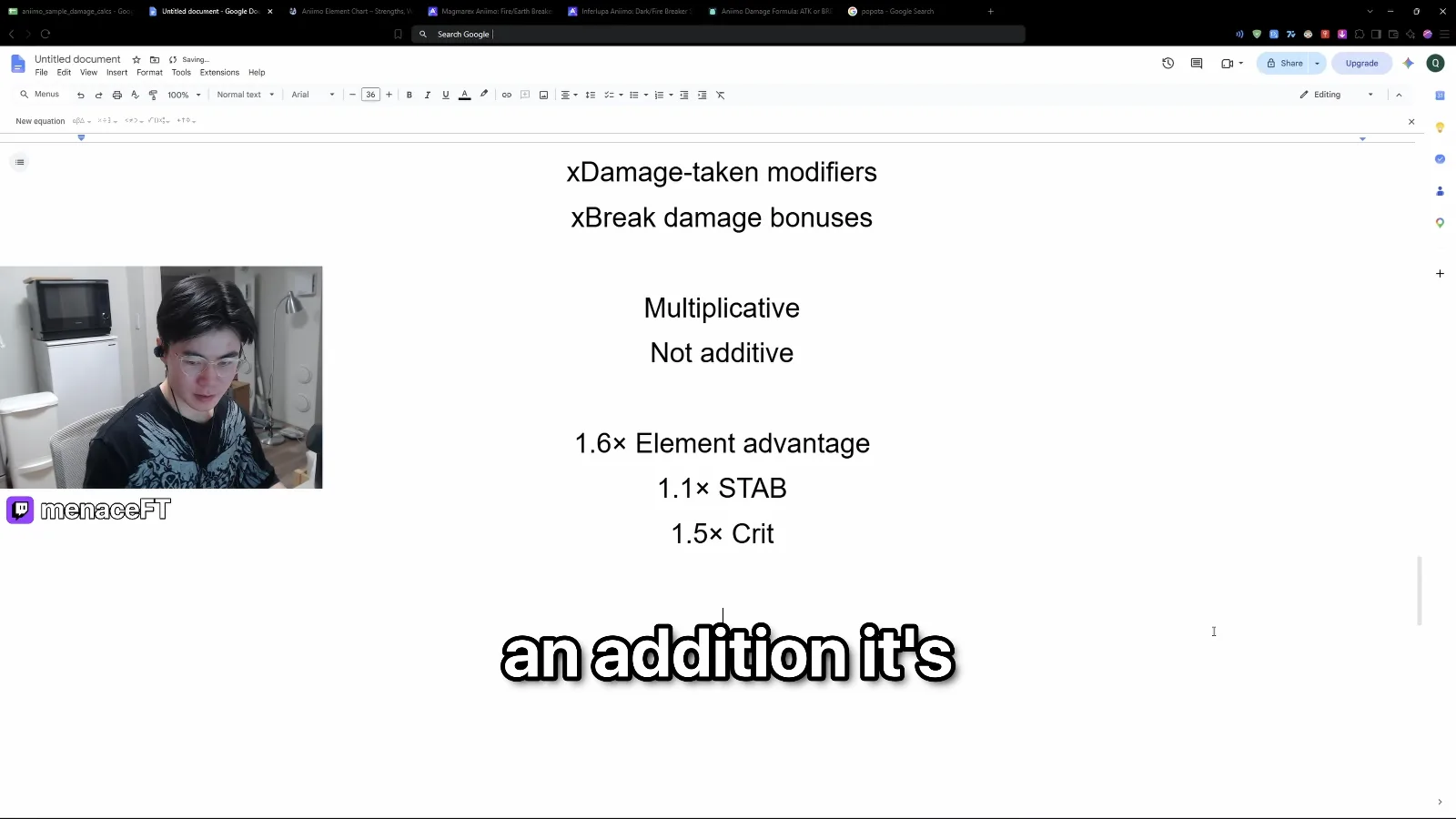 Aniimo multiplicative not additive example: 1.6x Element advantage, 1.1x STAB and 1.5x Crit multiplied together rather than added