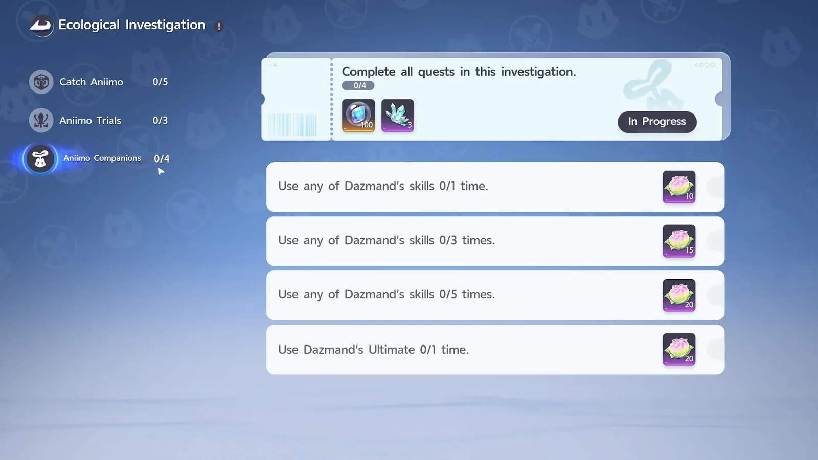 Aniimo Companions quests: use any of Dazmand’s skills 1, 3 and 5 times and its Ultimate once, with a blue crystal x100 bonus for all four